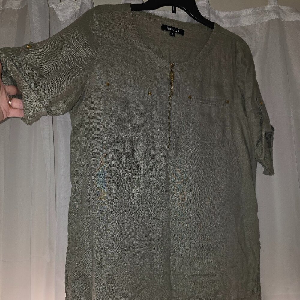 Ellen Tracy Size Medium Sage Green 100% Linen Gold Zip Front Roll Sleeve Tunic